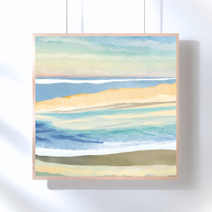 Golven van Blauw Oceaan Strand Waterverf Poster