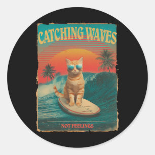 Golven vangen, geen gevoelens, grappige surfkat re ronde sticker