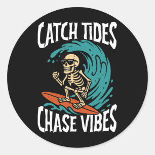Golven vangen, Viben najagen Skelet Surfer Strand Ronde Sticker
