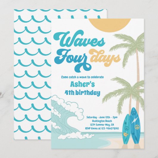 Golven Vier Dagen Retro Surf Strand 4e Verjaardag Kaart (Voorkant / Achterkant)
