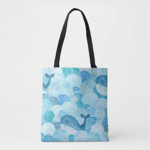 Golven, walvis, kinderachtig blauwe textuur tote bag