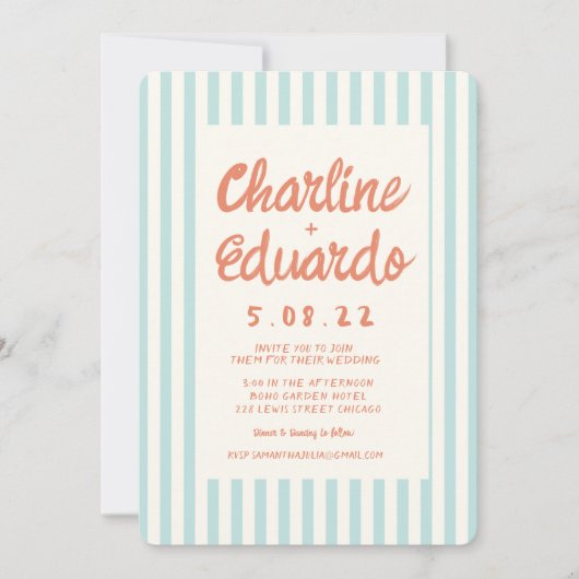 Golvend Blauw en Rood Handschrift Bruiloft QR Code Kaart (Voorkant)