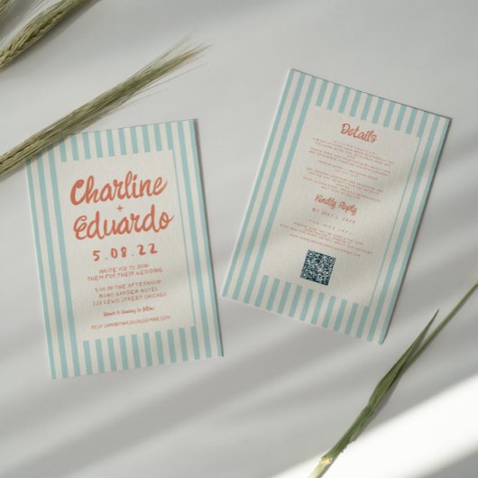 Golvend Blauw en Rood Handschrift Bruiloft QR Code Kaart