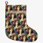 Golvend bruin haar jonge dame bloemen Believer cus Grote Kerstsok (Voorkant)