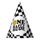 golvend geruit geel preppy glimlach een gelukkig d feesthoedjes (Voorkant)