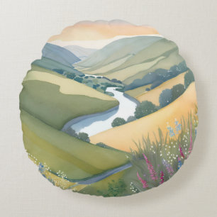 Golvend Heuvels Landschap   Waterverf Schoon Rond Kussen