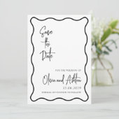 golvend lijst, golvende rand, modern, zwart-wit save the date (Staand voorkant)