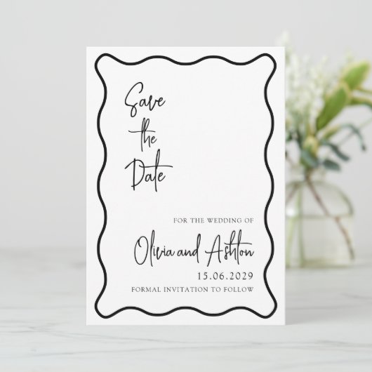 golvend lijst, golvende rand, modern, zwart-wit save the date (Staand voorkant)