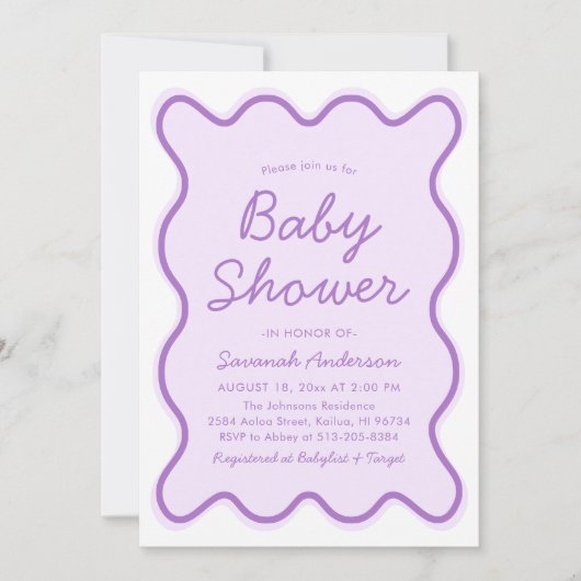 Golvend Modern Curvy Bold Retro Paarse Baby shower Kaart (Voorkant)