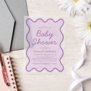 Golvend Modern Curvy Bold Retro Paarse Baby shower Vellum Uitnodigingen