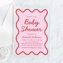 Golvend Modern Curvy Retro Roze en Rood Baby showe Acryl Uitnodigingen