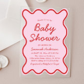 Golvend Modern Curvy Retro Roze en Rood Baby showe Acryl Uitnodigingen