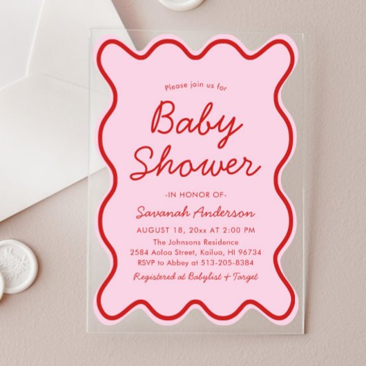 Golvend Modern Curvy Retro Roze en Rood Baby showe Acryl Uitnodigingen
