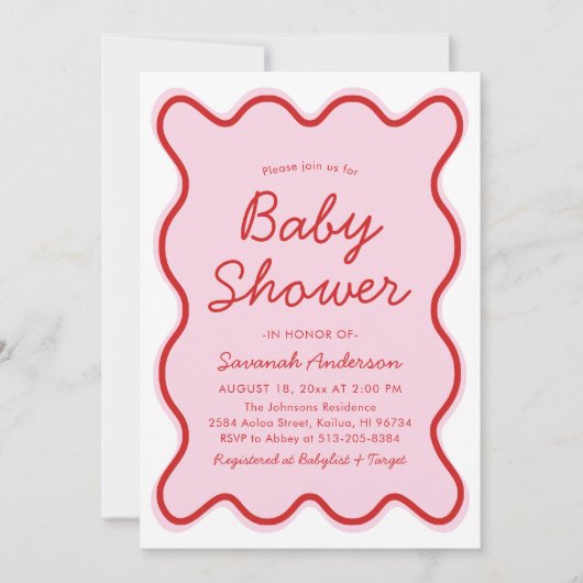 Golvend Modern Curvy Retro Roze en Rood Baby showe Kaart (Voorkant)