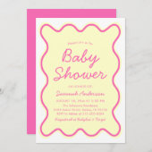 Golvend Modern Curvy Retro Roze Geel Baby shower Kaart (Voorkant / Achterkant)