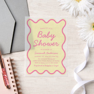 Golvend Modern Curvy Retro Roze Geel Baby shower Vellum Uitnodigingen