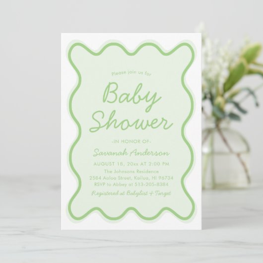 Golvend Modern Curvy Retro Sage Groen Baby shower Kaart (Staand voorkant)
