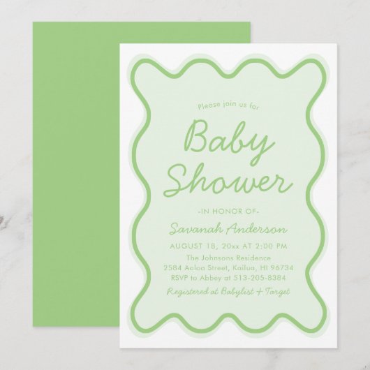 Golvend Modern Curvy Retro Sage Groen Baby shower Kaart (Voorkant / Achterkant)