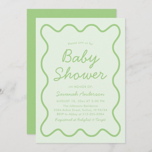 Golvend Modern Curvy Retro Sage Groen Baby shower Kaart (Voorkant / Achterkant)