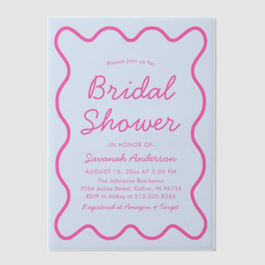 Golvend modern rond retro roze blauwe bruidsdouche vellum uitnodigingen (Voorkant)