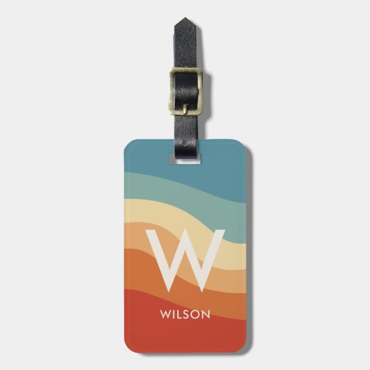 Golvend Retro Gestreept Monogram Persoonlijk Bagagelabel (Voorkant verticaal)