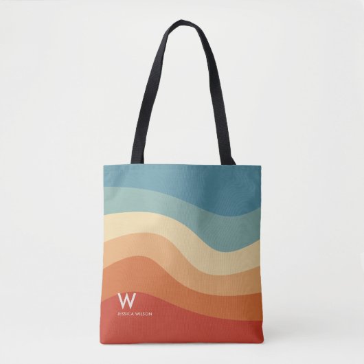 Golvend Retro Gestreept Monogram Persoonlijk Tote Bag (Voorkant)