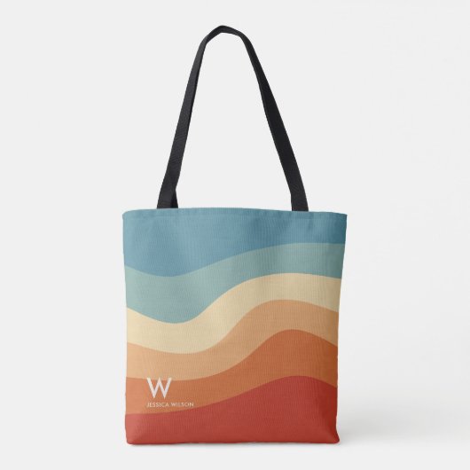 Golvend Retro Gestreept Monogram Persoonlijk Tote Bag (Achterkant)