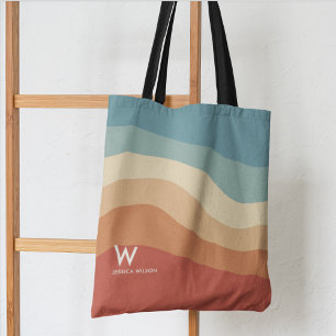 Golvend Retro Gestreept Monogram Persoonlijk Tote Bag