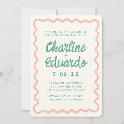 Golvend Roze en Groen Handschrift Bruiloft QR Code Kaart (Voorkant)