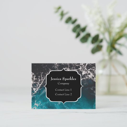 Golvend schuimend blauw zwart ombre zeewater Monog Visitekaartje (Staand voorkant)