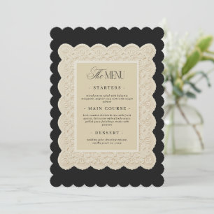 Golvend vintage zwart & ivoor kanten trouwmenu kaa kaart