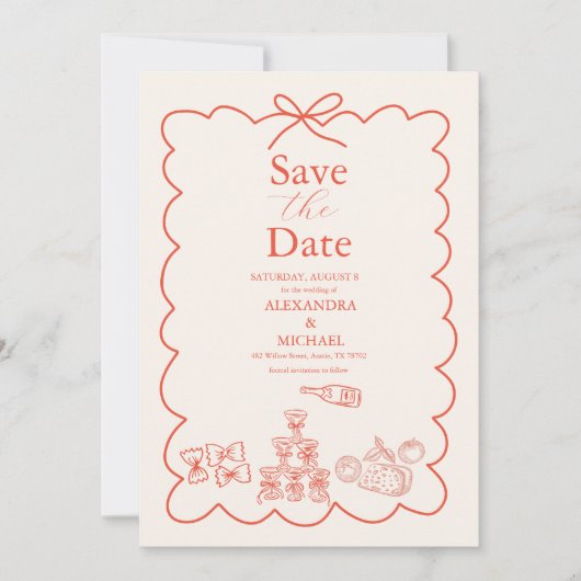 Golvend Whimsical Italiaans Doodle Bruiloft Save The Date (Voorkant)