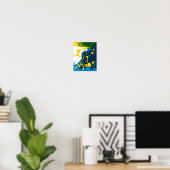 Golvende Blauwe Golven met Gele Verfspatten Poster (Thuiskantoor)