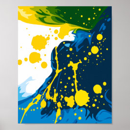 Golvende Blauwe Golven met Gele Verfspatten Poster