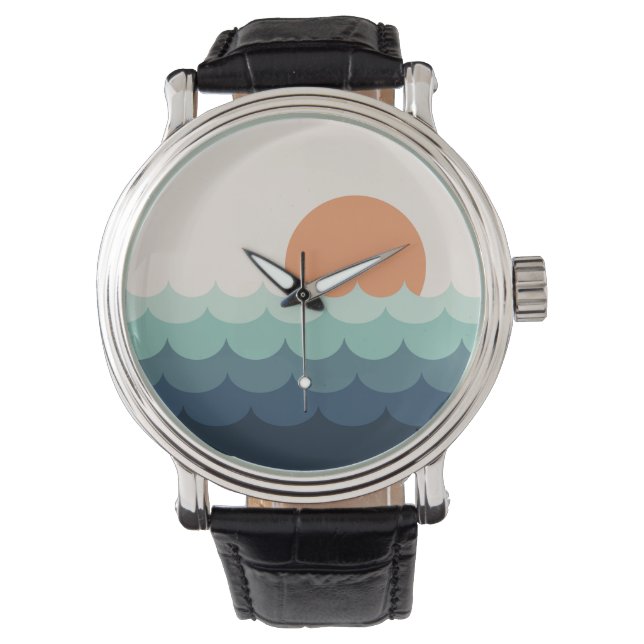 Golvende blauwe oceaan bij zonsondergang horloge (Voorkant)