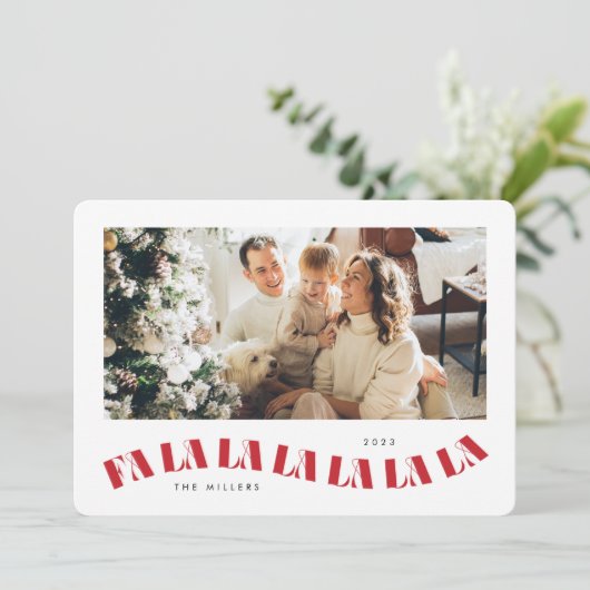 Golvende Fa La La La La kerstkaart - rood en wit (Staand voorkant)