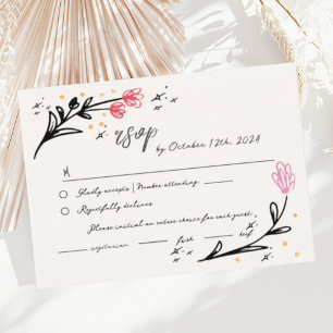 Golvende hand getrokken krabbel bloemige RSVP brui Informatiekaartje