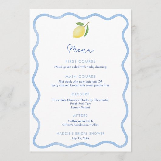 Golvende Lijn Grens Citroen Bruiloft Douche Plaats Menu (Voorkant)