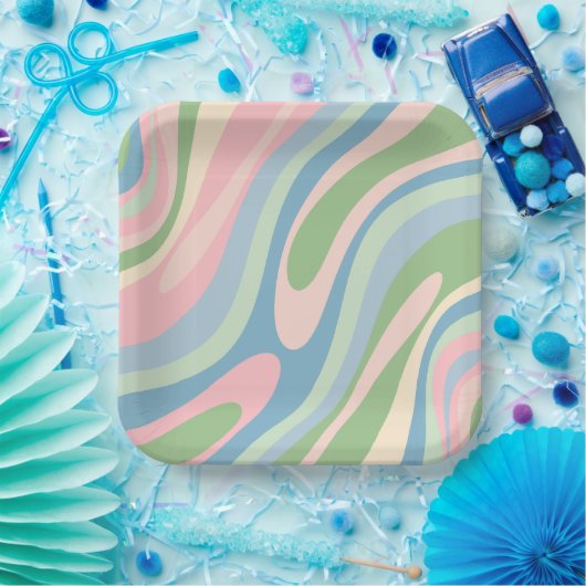 Golvende Lussen Retro Abstract Patroon Pastel Blau Papieren Bordje (Feest)