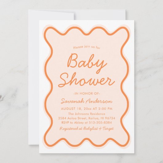Golvende Modern Curvy Retro Peach Fuzz Baby shower Kaart (Voorkant)