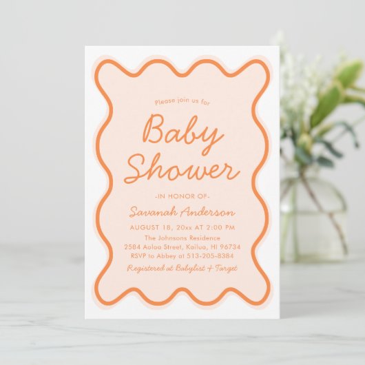 Golvende Modern Curvy Retro Peach Fuzz Baby shower Kaart (Staand voorkant)