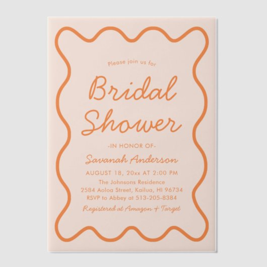 Golvende Modern Curvy Retro Peach Fuzz Vrijgezelle Vellum Uitnodigingen (Voorkant)