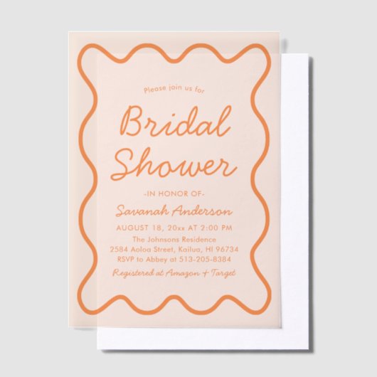 Golvende Modern Curvy Retro Peach Fuzz Vrijgezelle Vellum Uitnodigingen (Offset)