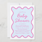 Golvende Modern Curvy Retro Roze Blauw Baby shower Kaart (Voorkant)