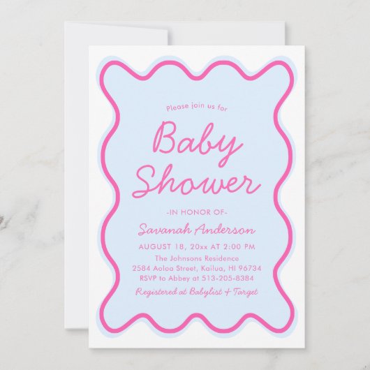 Golvende Modern Curvy Retro Roze Blauw Baby shower Kaart (Voorkant)