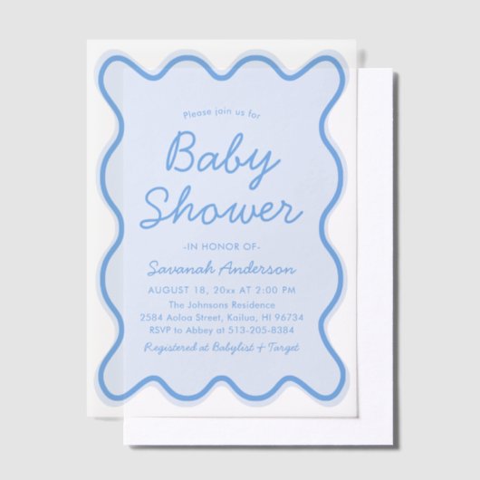 Golvende Modern Curvy Retro Stoffig Blauw Baby sho Vellum Uitnodigingen (Offset)