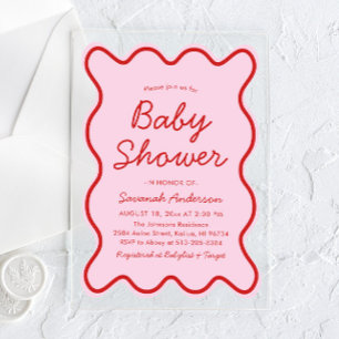 Golvende Moderne Retro Roze en Rode Baby Shower Acryl Uitnodigingen