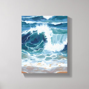 Golvende Oceaan golven   Kust Blauw Aquarel Canvas Afdruk