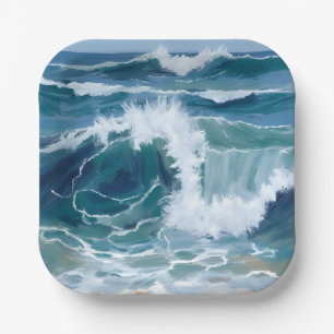 Golvende Oceaan golven   Kust Blauw Aquarel Papieren Bordje