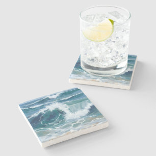 Golvende oceaan golven Kust blauw aquarel Stenen Onderzetter